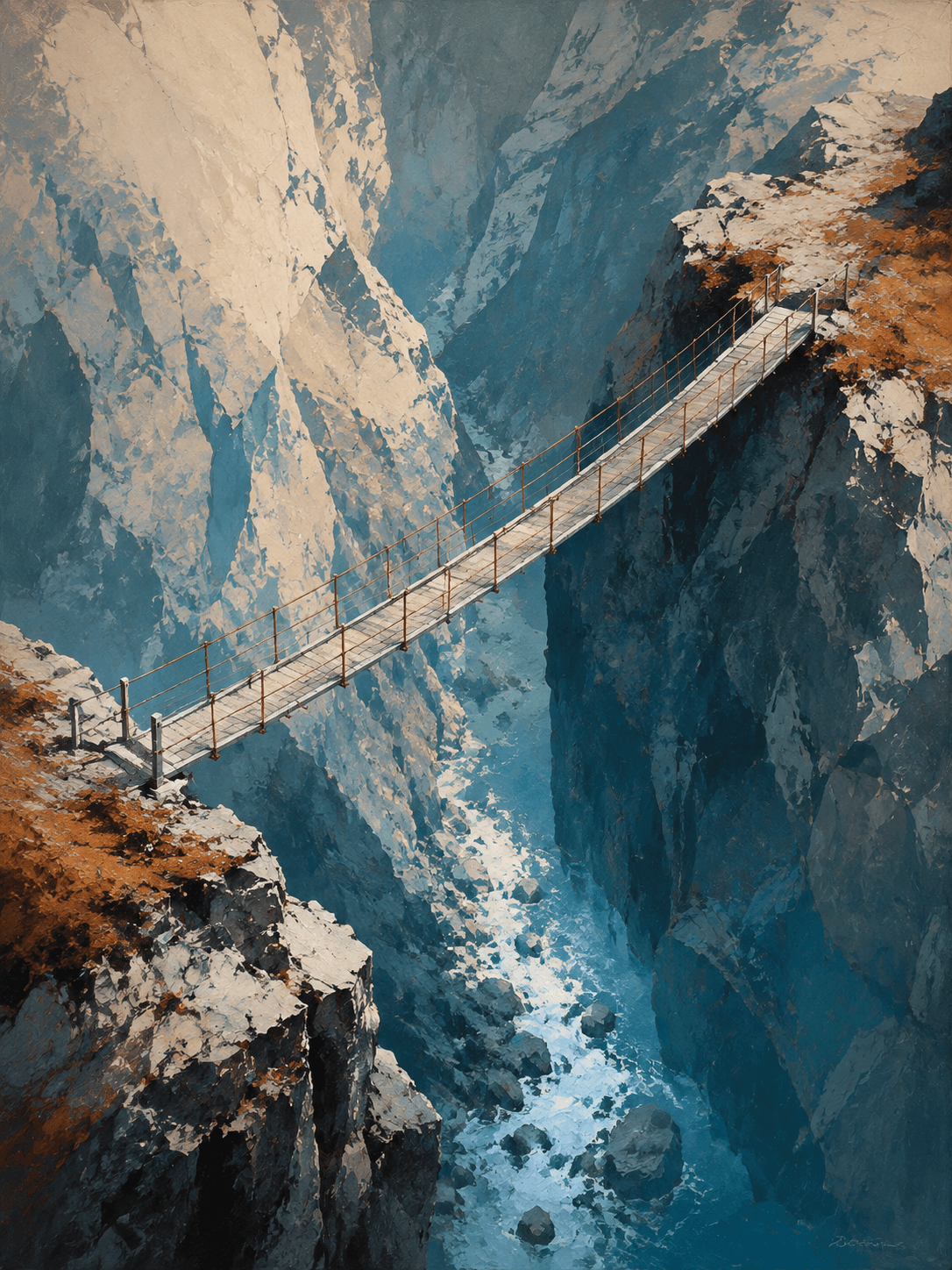 A slender bridge spanning a deep blue gorge in textured alpine brushwork
