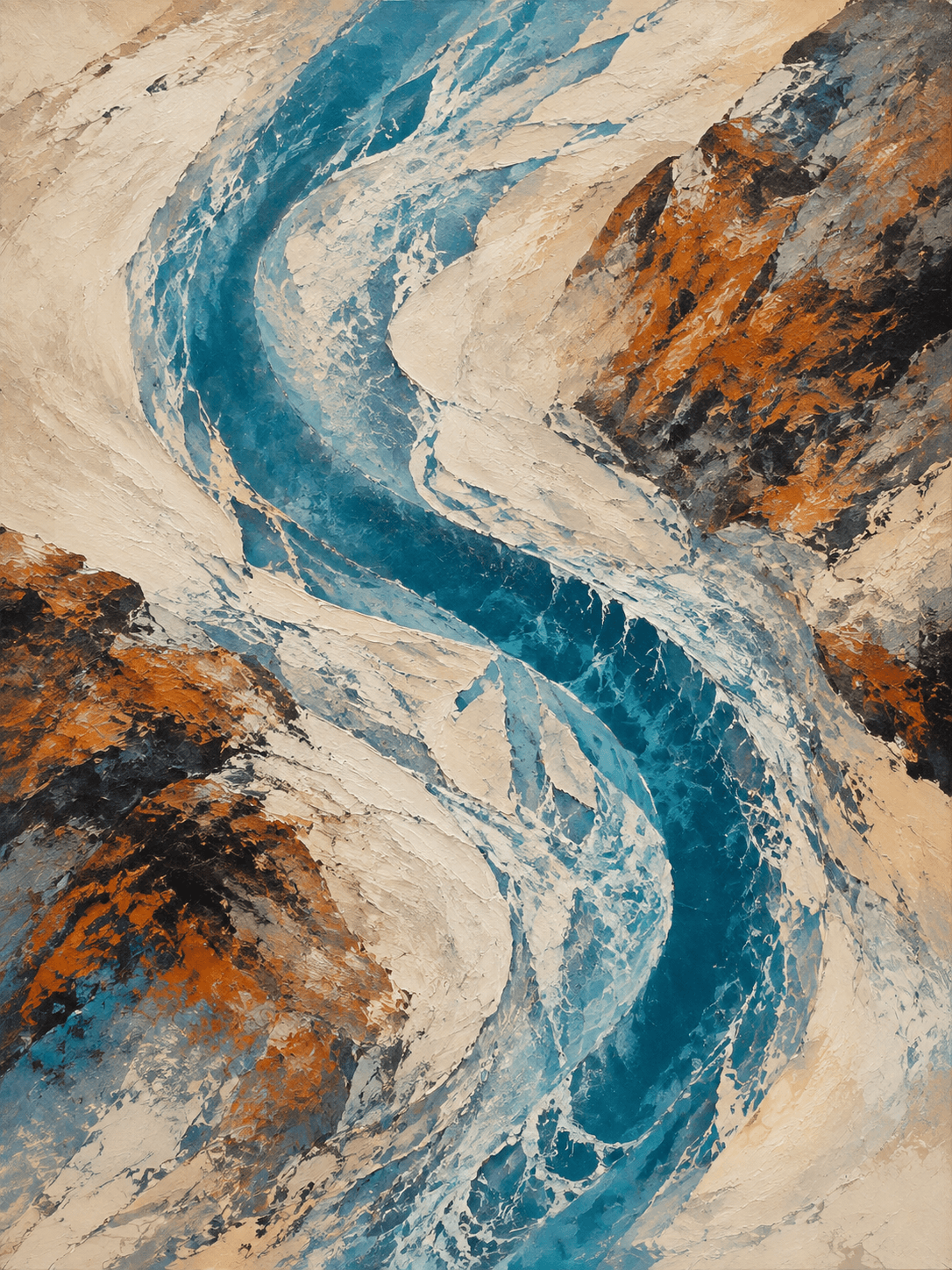 A turquoise glacial river winding through painted ivory sediment and ochre rock