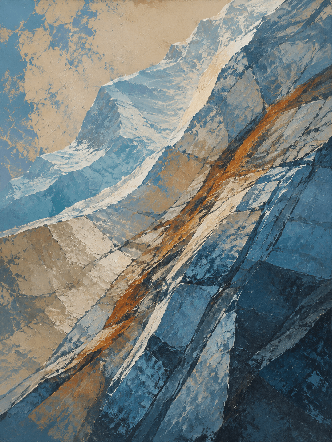 Glacier-blue mineral strata crossed by a warm copper seam