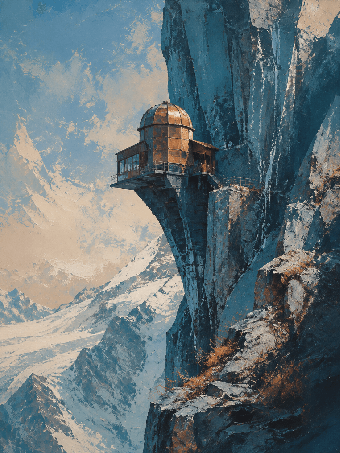 A copper observatory above a glacier-blue cliff, painted in ivory and ochre