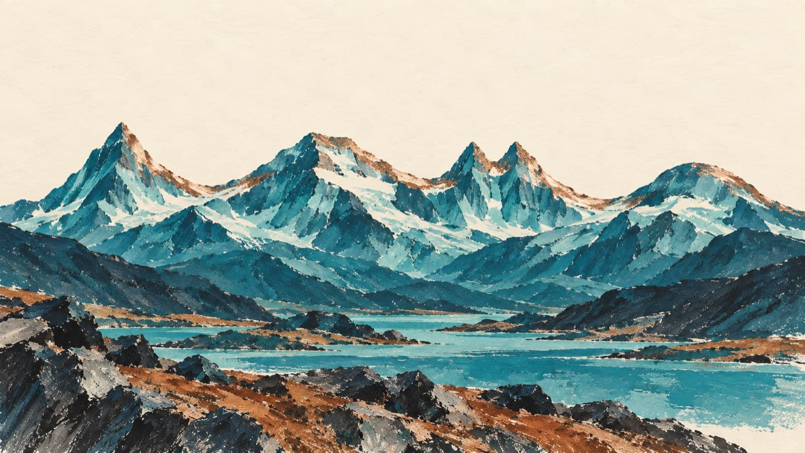 Four alpine peaks of different character rising from one connected ridge, painted in the K2ELK palette
