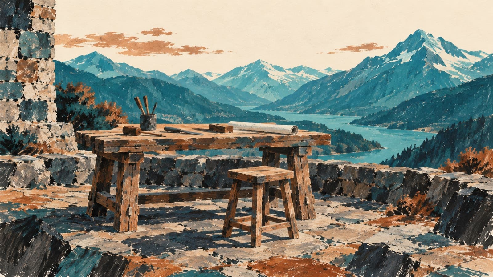 A painted workbench on a stone terrace above an alpine valley, tools and a drawing laid out, one stool pulled up