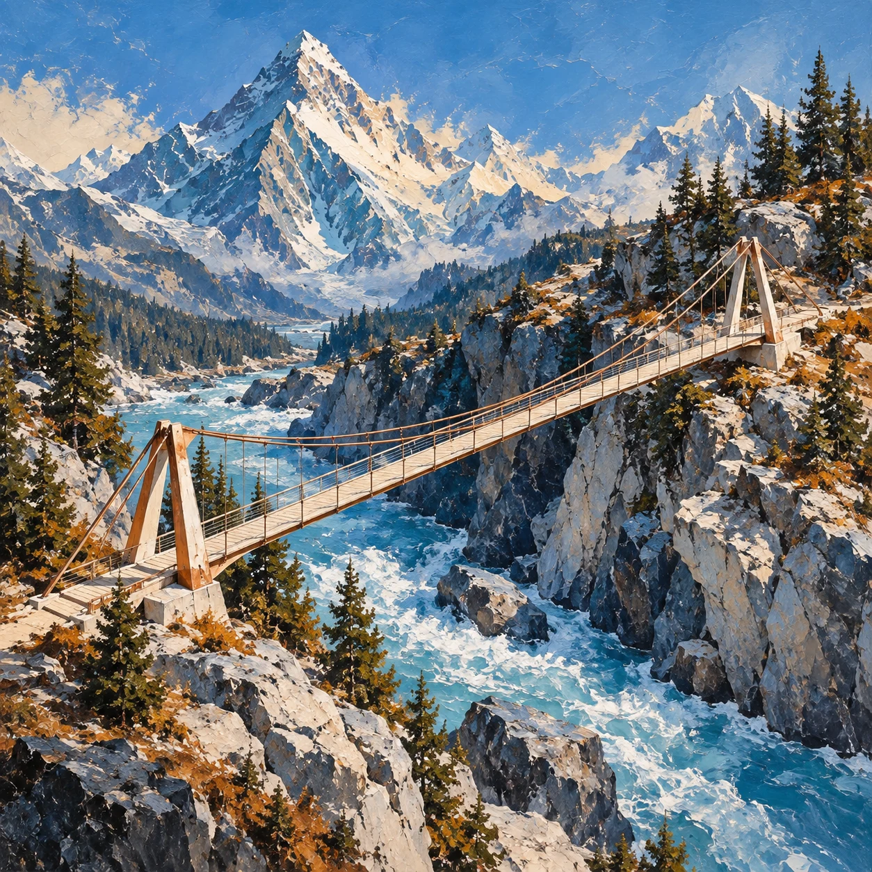 An ivory and copper footbridge across a blue alpine gorge