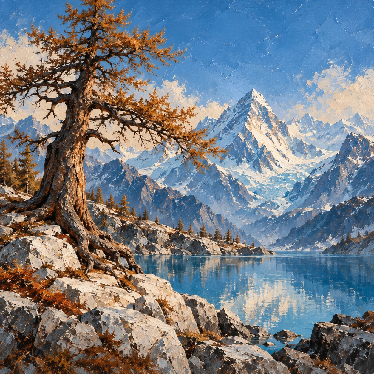 A mature copper-coloured larch rooted beside a blue alpine lake