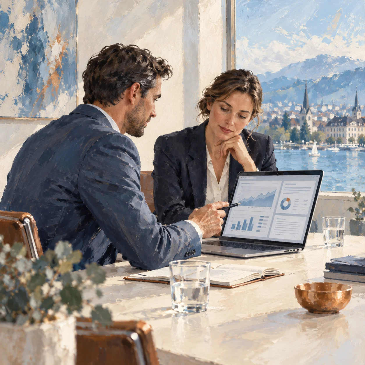 A painted scene of specialists reviewing information together on a laptop