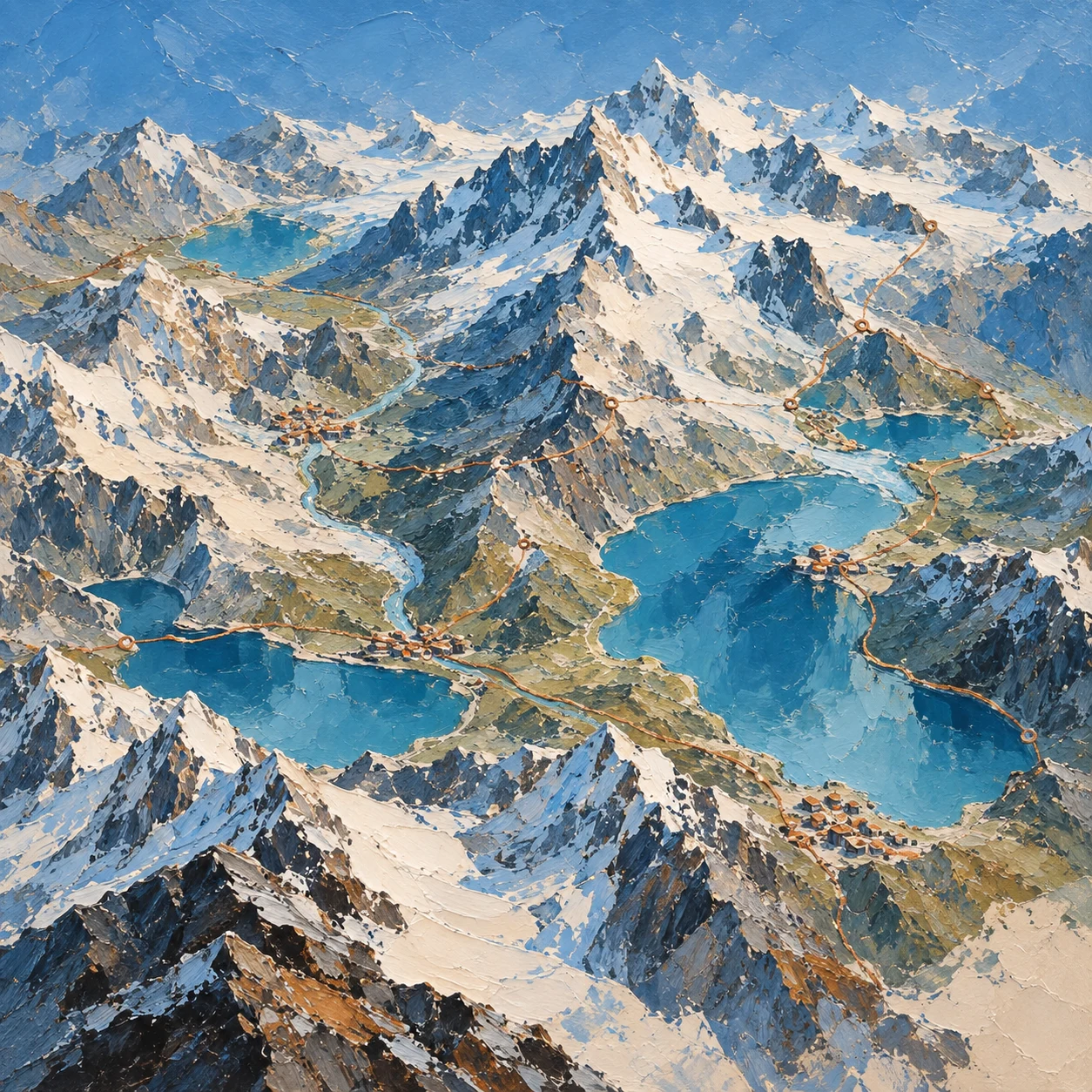 A painted alpine map of villages, lakes and copper routes