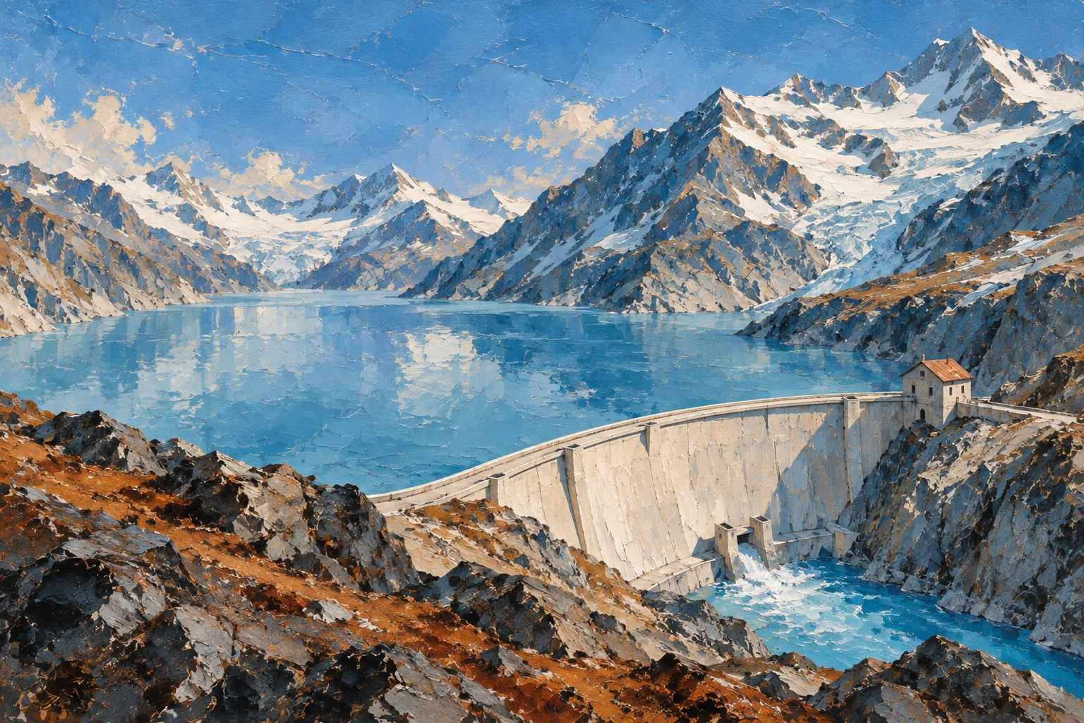 An alpine reservoir and ivory dam with a copper-roofed service building, painted in blue and warm stone