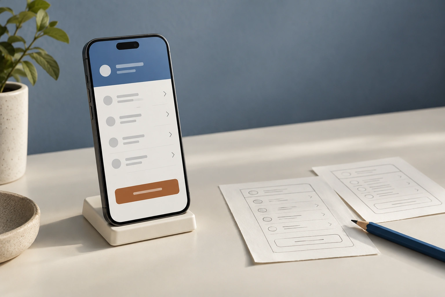 A phone interface beside early paper wireframes