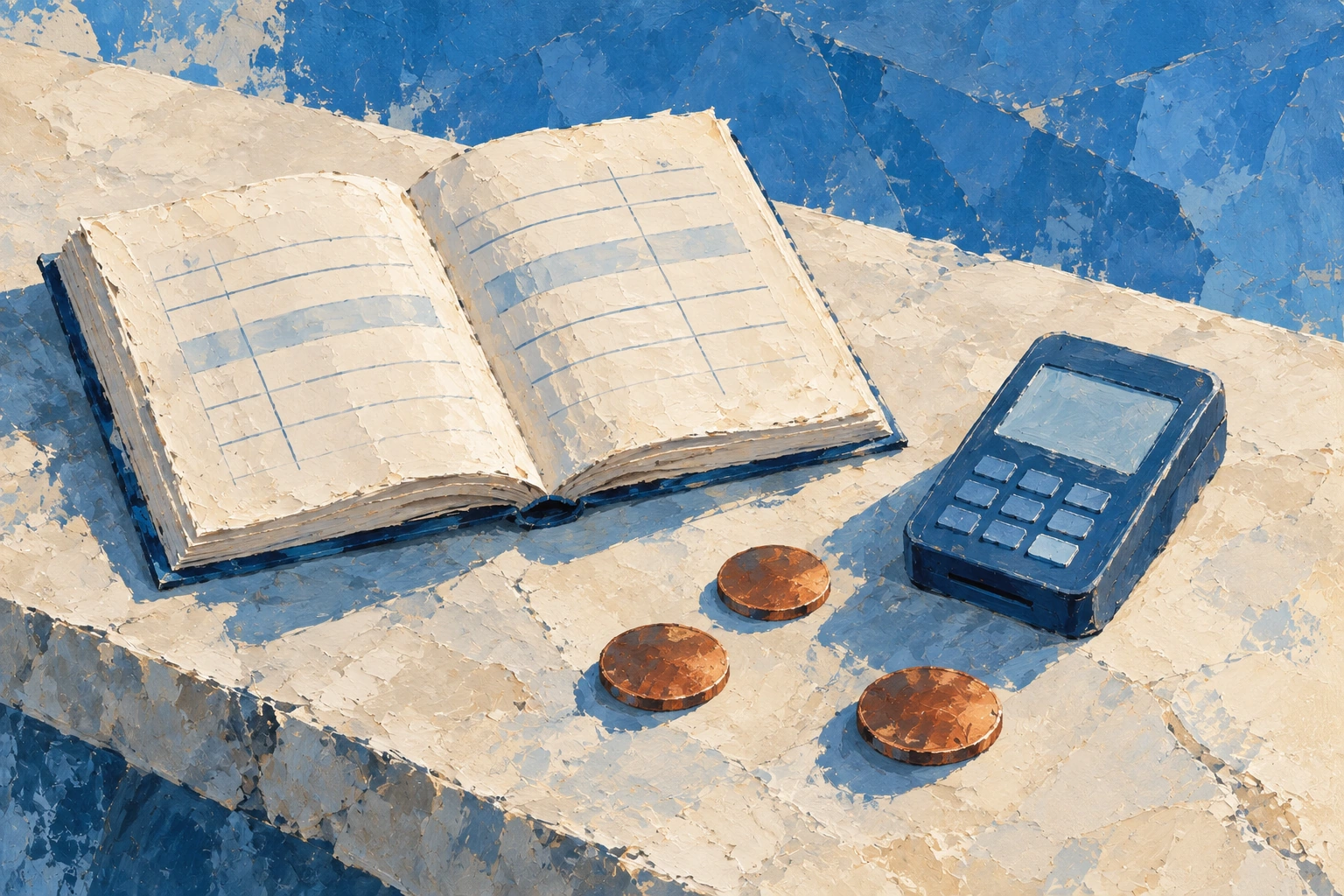 A painted ivory ledger, blue payment terminal and three copper coins