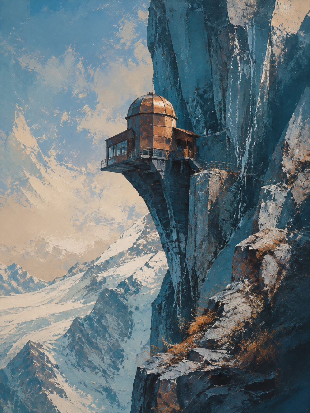 A copper observatory on a blue alpine ridge, rendered in textured paint