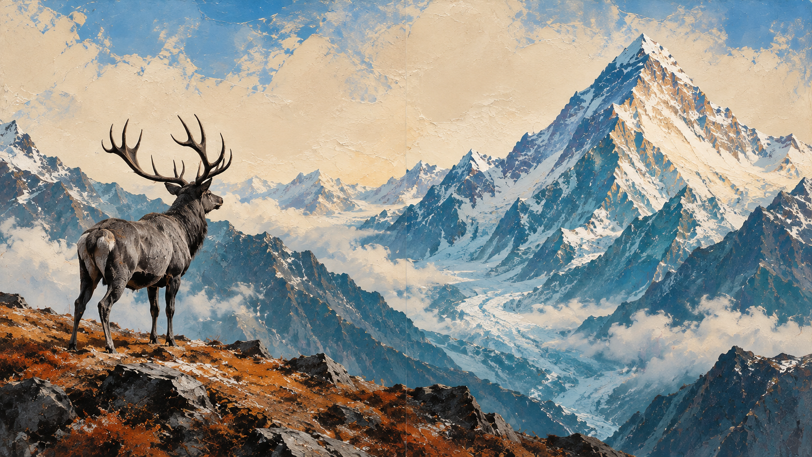 An elk on the left, facing a distant summit across a painted alpine valley