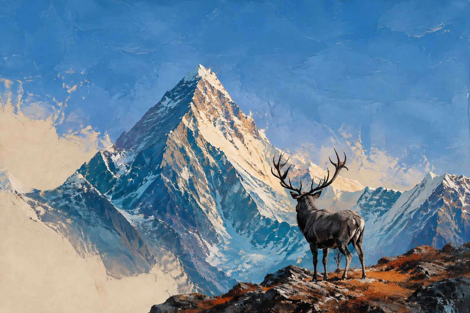 An elk looking toward K2, painted in glacier blue, warm ivory and burnt sienna
