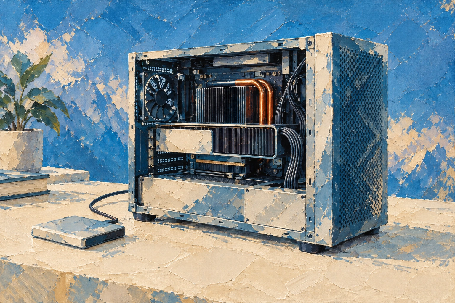 An open blue and ivory workstation with copper cooling pipes, painted on a desk