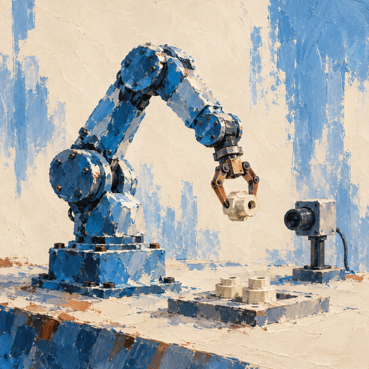 A blue robotic arm, copper gripper and optical sensor, painted on an ivory workbench