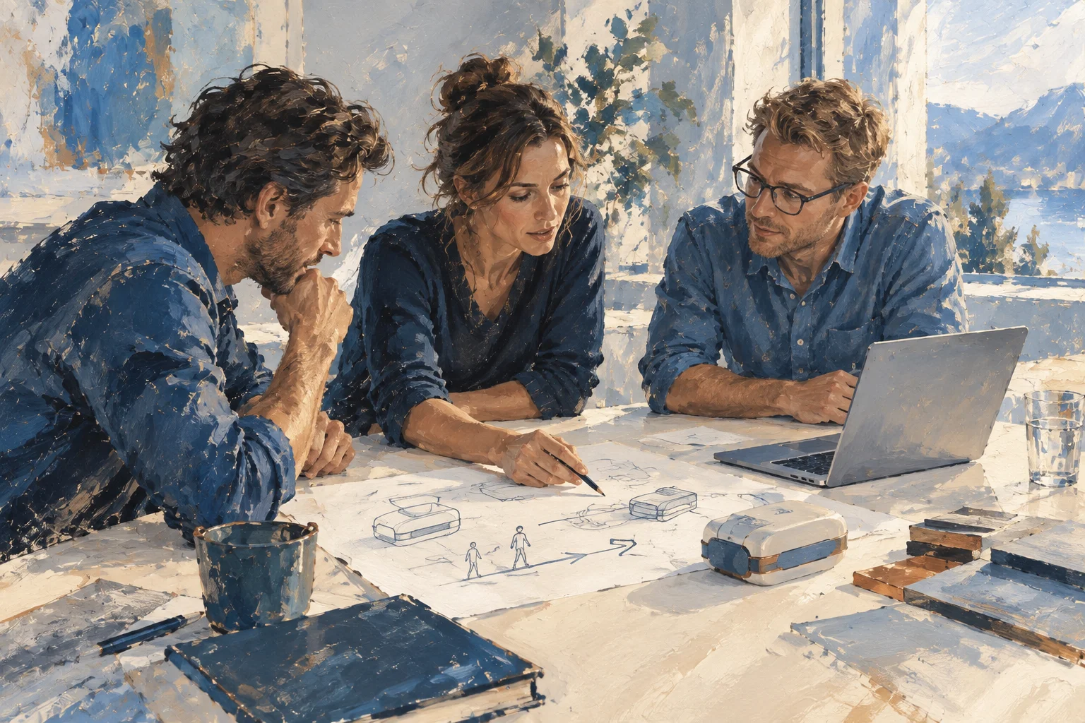 An illustrated product workshop: people reviewing sketches and a prototype together
