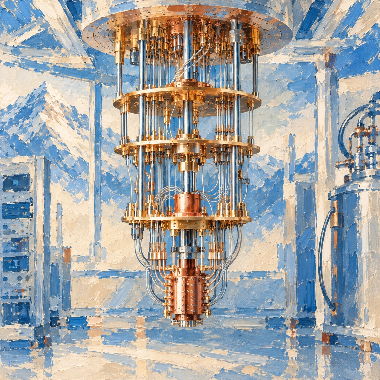 Copper cryogenic plates and fine cables, painted in an ivory and blue laboratory
