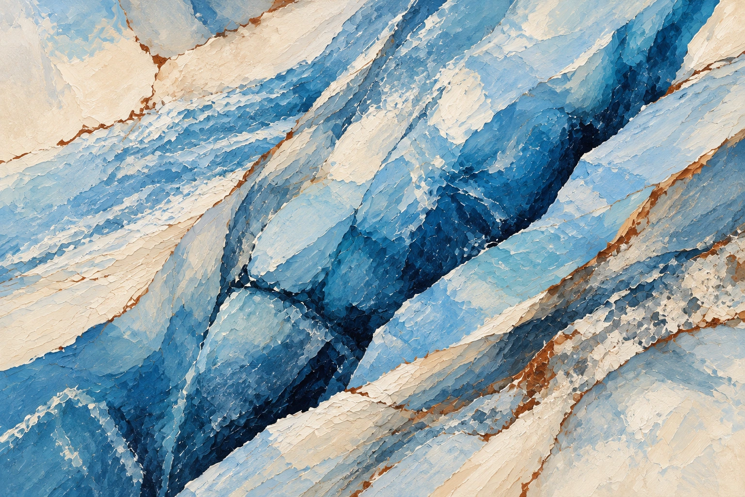 A deep blue glacier crevasse framed by ivory ice and copper seams