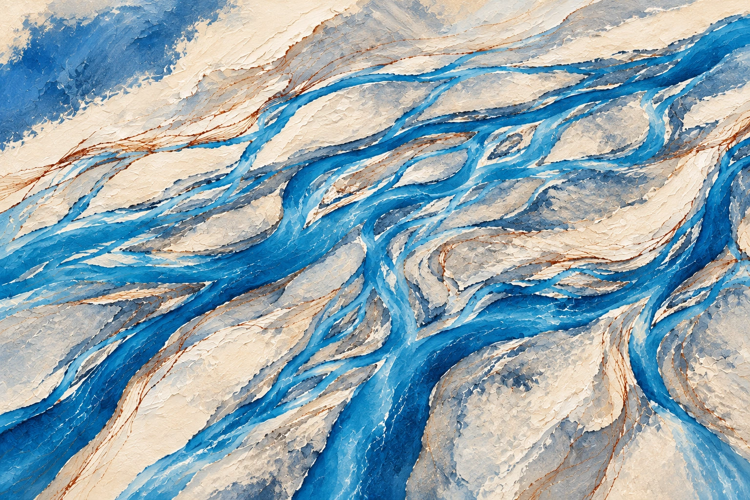 A glacial river painted in cerulean blue, warm ivory and copper