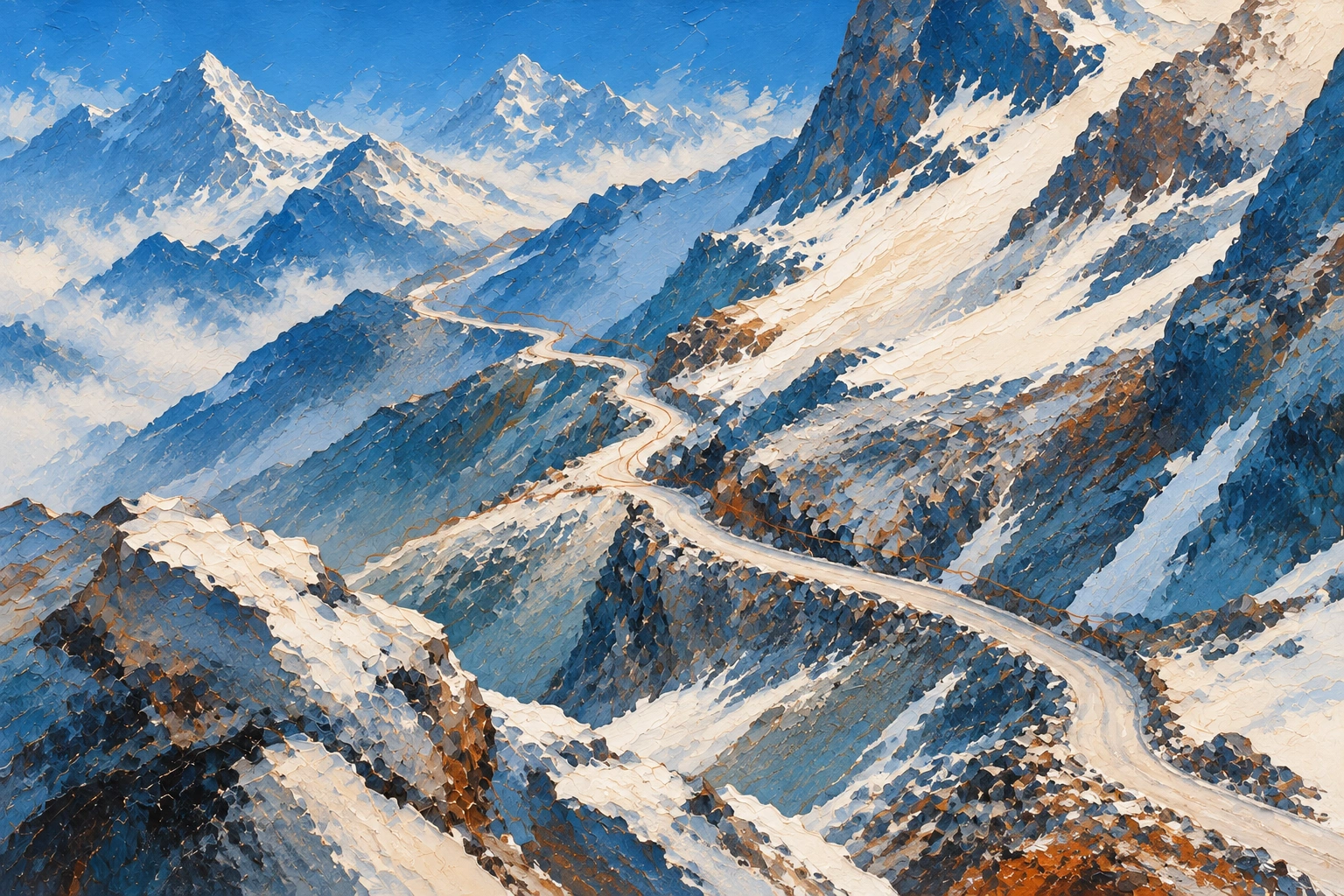 A winding alpine road painted in rich blue, ivory and copper